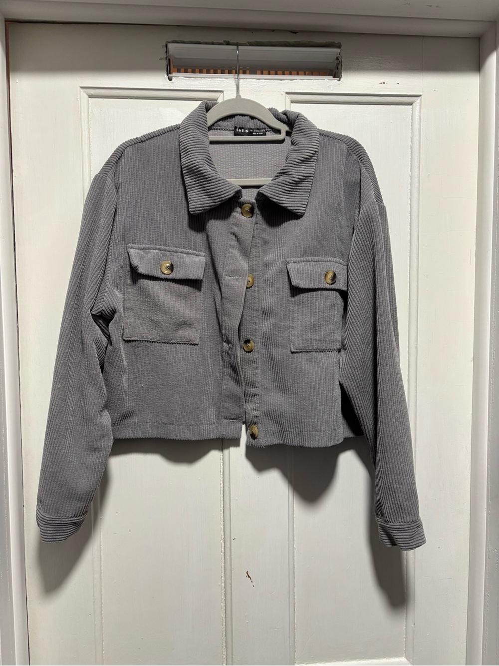 SHEIN Gray Cropped Corduroy Button-Up Jacket